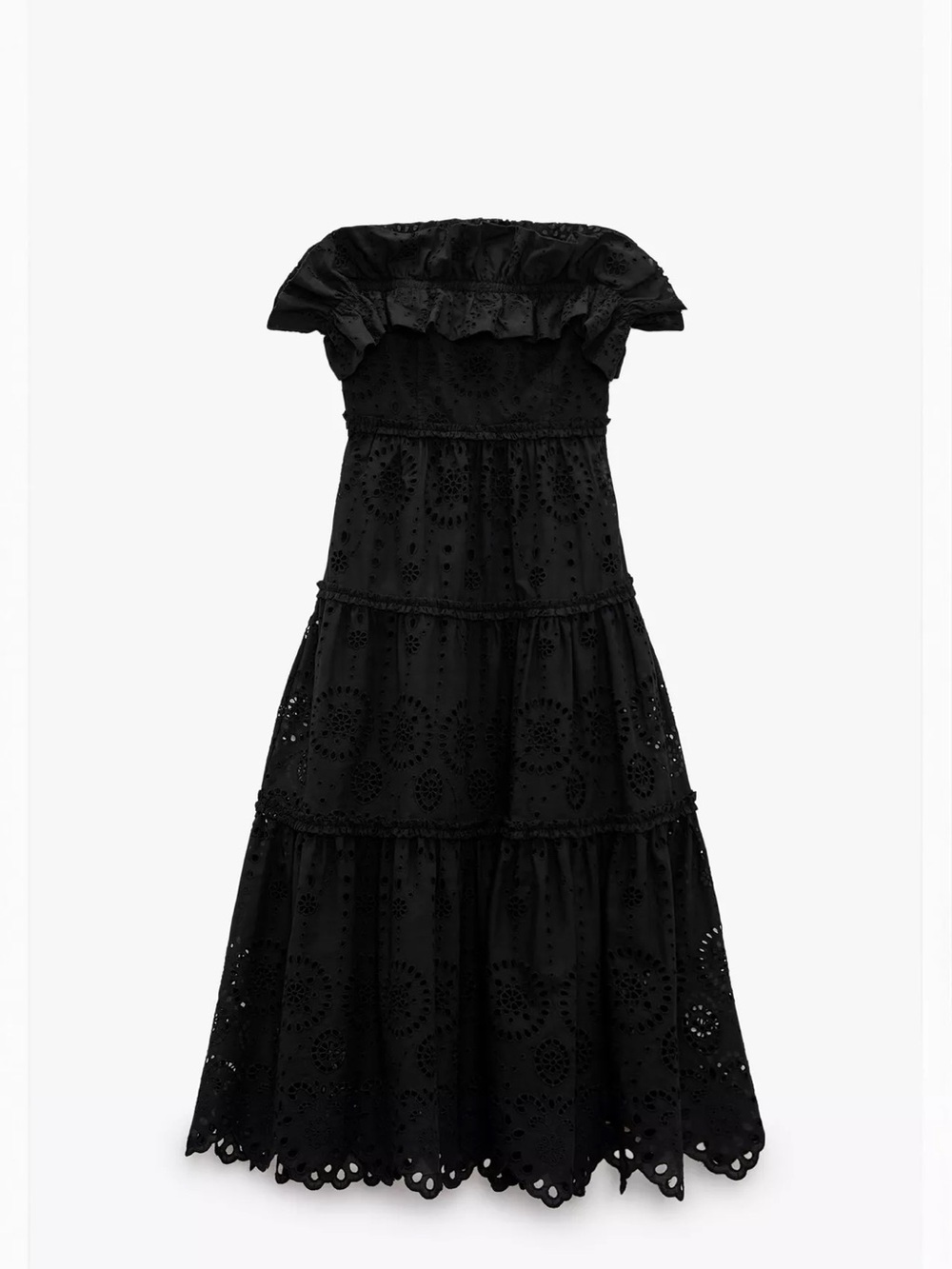 Zara Black Strapless Eyelet Tiered Maxi Dress